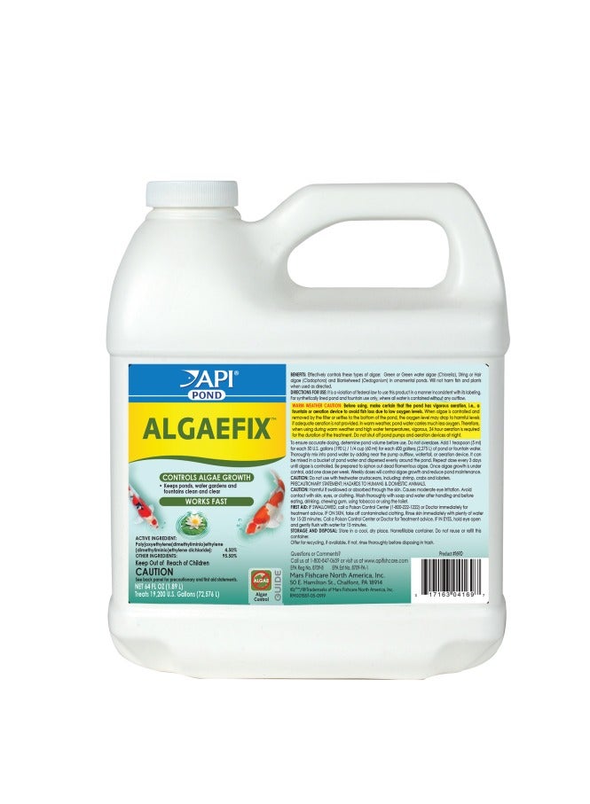 API POND ALGAEFIX. CONTROLS ALGAE GROWTH, KEEP PONDS,WATER GARDENS AND FOUNTAINS CLEAN AND CLEAR. NET 64 FL OZ (1.89L)