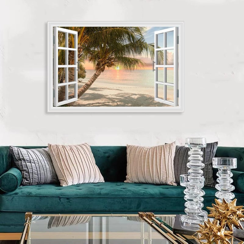 Woxfcart Beach Palm Tree Pictures Wall Art Fake Open Window Ocean Sunset Scene - Image 3