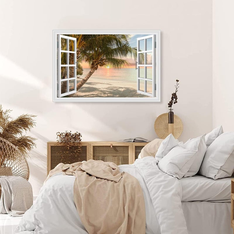 Woxfcart Beach Palm Tree Pictures Wall Art Fake Open Window Ocean Sunset Scene - Image 2