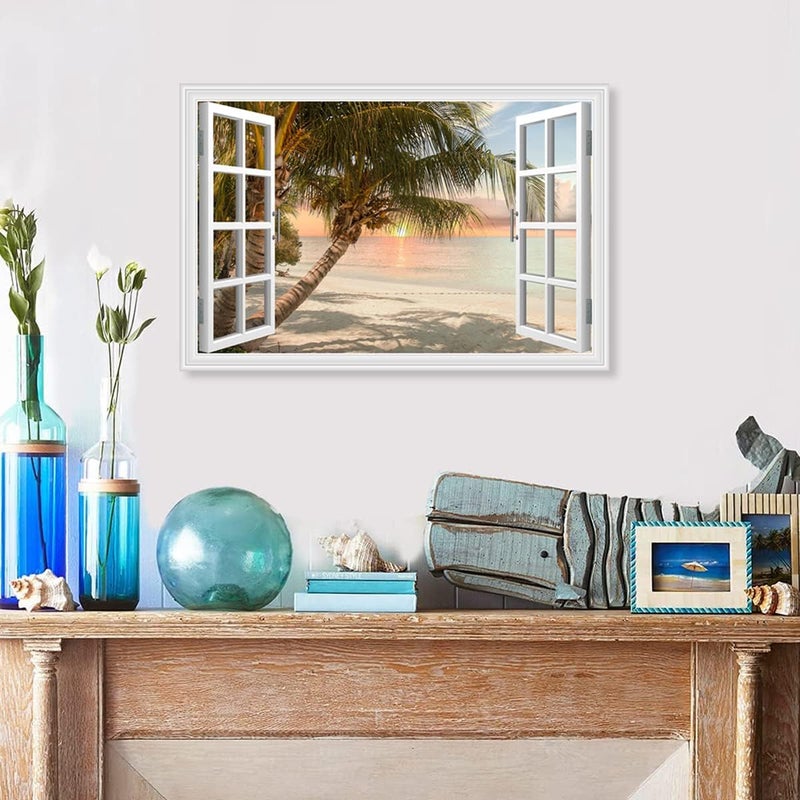 Woxfcart Beach Palm Tree Pictures Wall Art Fake Open Window Ocean Sunset Scene - Image 4