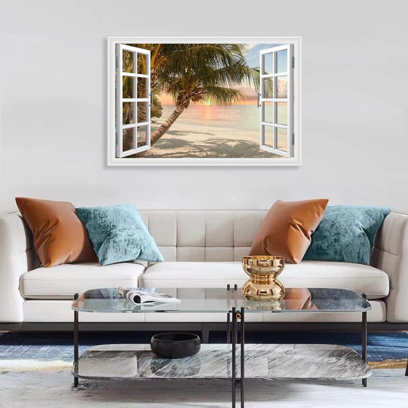 Woxfcart Beach Palm Tree Pictures Wall Art Fake Open Window Ocean Sunset Scene - Image 5