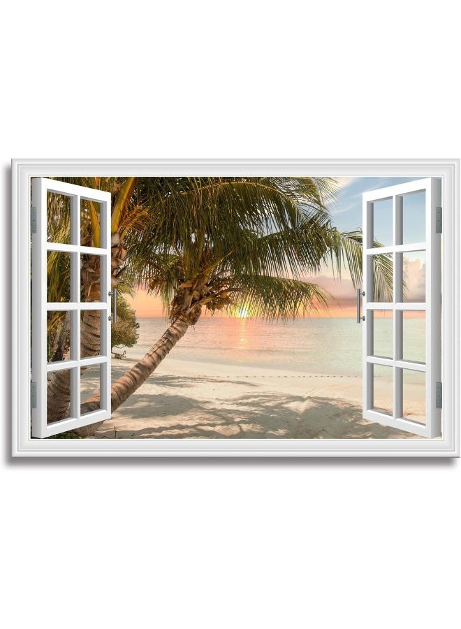 Woxfcart Beach Palm Tree Pictures Wall Art Fake Open Window Ocean Sunset Scene - Image 1