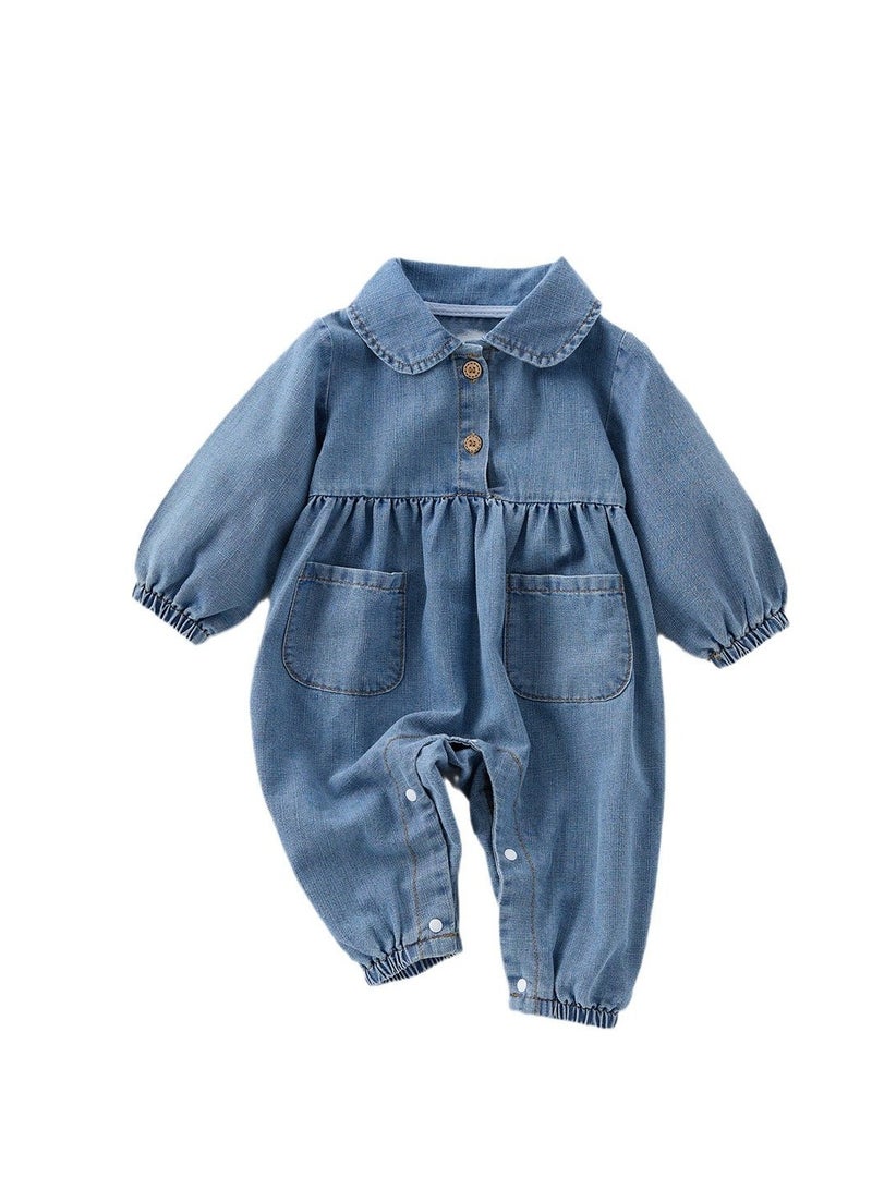 New Baby Jumpsuit With A Stylish And Cute Lapel Denim Crawling Suit - Image 3