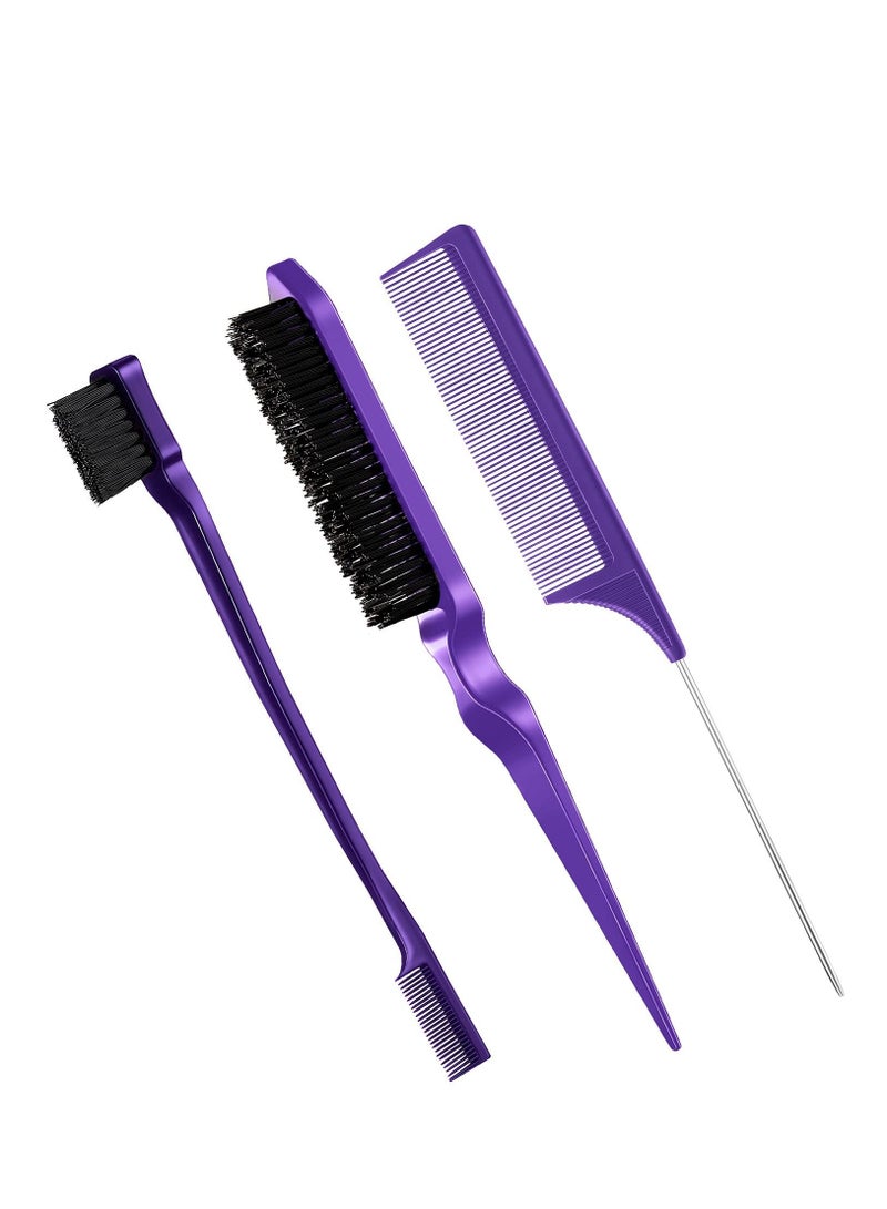 Generic 3 Pcs Slick Back Hair Brush Set Bristle Hair Brush Edge Control Brush Teasing Comb for Women Baby Kids' Black Hair (Purple)  - Image 1