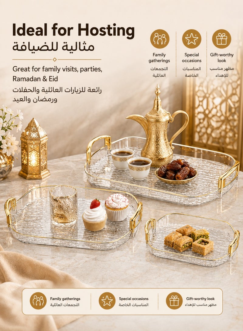 JOYBOS طقم 3 صواني تقديم شفافة أكريليك بمقابض (16، 14، 12 إنش) – صواني بلاستيك فاخرة لتقديم الطعام والمشروبات للمنزل والضيافة والتنظيم - Image 3