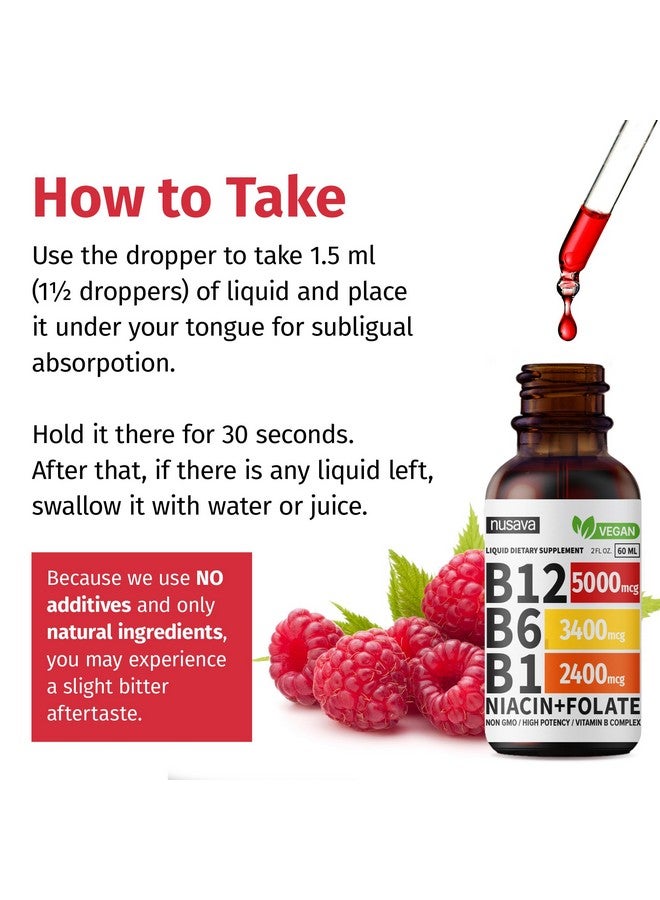 nusava (4 Pack) Vitamin B12 and B6 Liquid Drops, B12 Sublingual Vitamin B Complex - B 12 Vitamin 5000mcg - B12 Methylcobalamin for Energy, Brain, and Heart Support with 27,200 mcg, Raspberry, 80 Servings - Image 4