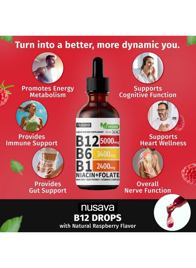 nusava (4 Pack) Vitamin B12 and B6 Liquid Drops, B12 Sublingual Vitamin B Complex - B 12 Vitamin 5000mcg - B12 Methylcobalamin for Energy, Brain, and Heart Support with 27,200 mcg, Raspberry, 80 Servings - Image 1