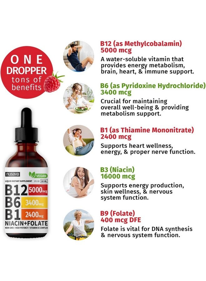nusava (4 Pack) Vitamin B12 and B6 Liquid Drops, B12 Sublingual Vitamin B Complex - B 12 Vitamin 5000mcg - B12 Methylcobalamin for Energy, Brain, and Heart Support with 27,200 mcg, Raspberry, 80 Servings - Image 2