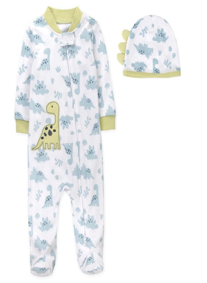 Baby Essentials Baby Boy Footie Set,Dinosaur Romper Footie Pajama with Matching Hat, Long Sleeve Double Zipper Sleep & Play Outfit (Newborn) - Image 1