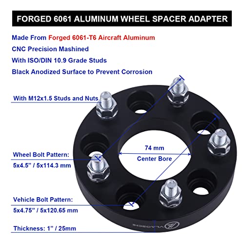 VLAOSCHI Black Forged 5x4.75 to 5x4.5 Wheel Adapters 1 Inch with 12x1.5 Studs Compatible with Chevy GMC 5 Lug 5x120.65 to 5x114.3 for Camaro Corvette Blazer S10 Jimmy Sonoma - Pack of 4 - Image 5