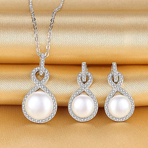 EleQueen 925 Sterling Silver CZ AAA Button Cream Freshwater Cultured Pearl Bridal Jewelry Necklace Earrings Set Ivory for Women,Gift for Valentine's Mother's Day Christmas - Image 2
