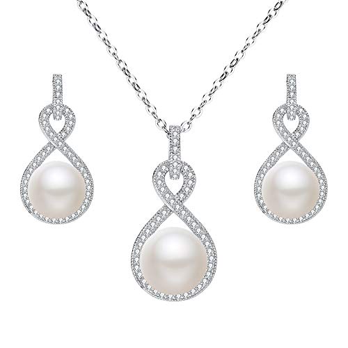 EleQueen 925 Sterling Silver CZ AAA Button Cream Freshwater Cultured Pearl Bridal Jewelry Necklace Earrings Set Ivory for Women,Gift for Valentine's Mother's Day Christmas - Image 1