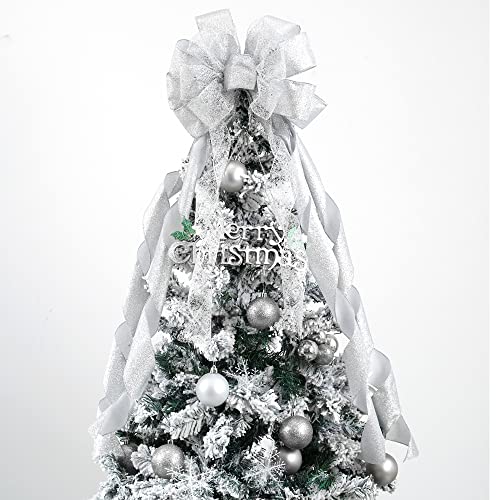 MEEDEE Silver Christmas Tree Topper Silver Glitter Christmas Bows 12 Wide Snowflake Ribbon Bow Silver Christmas Bows Silver Tree Topper Silver Bows for Christmas Tree 1 Pack - Image 1