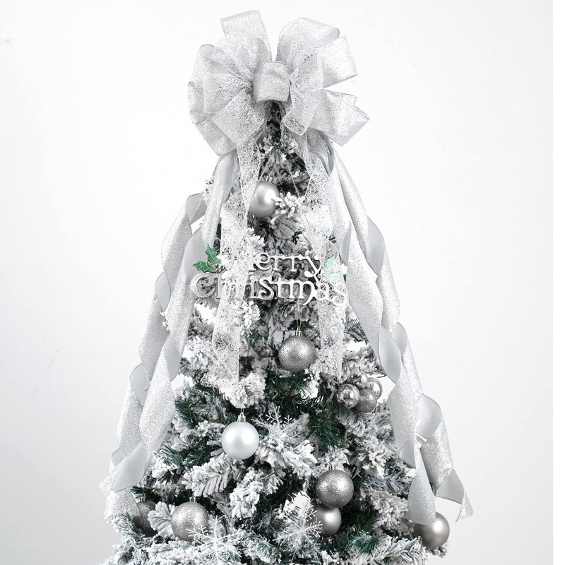 MEEDEE Silver Christmas Tree Topper Silver Glitter Christmas Bows 12 Wide Snowflake Ribbon Bow Silver Christmas Bows Silver Tree Topper Silver Bows for Christmas Tree 1 Pack - Image 2