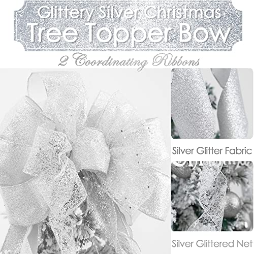 MEEDEE Silver Christmas Tree Topper Silver Glitter Christmas Bows 12 Wide Snowflake Ribbon Bow Silver Christmas Bows Silver Tree Topper Silver Bows for Christmas Tree 1 Pack - Image 3