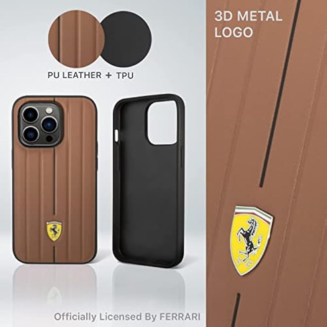 CG MOBILE Ferrari Leather Case With Embossed Stripes  Yellow Shield Logo Compatible with iPhone 14 Pro Max Camel - Image 2