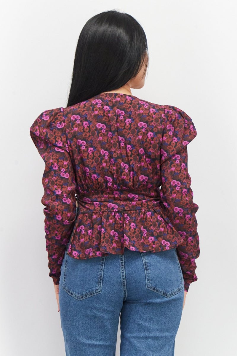 NA-KD Women V-Neck Long Sleeves Floral Printed Top, Multicolor - Image 4