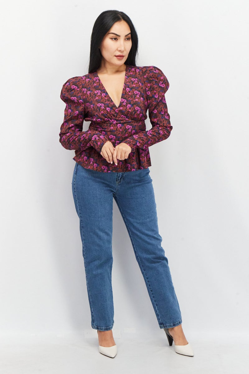 NA-KD Women V-Neck Long Sleeves Floral Printed Top, Multicolor - Image 2