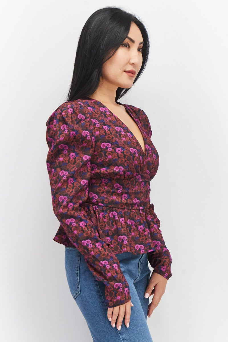 NA-KD Women V-Neck Long Sleeves Floral Printed Top, Multicolor - Image 3