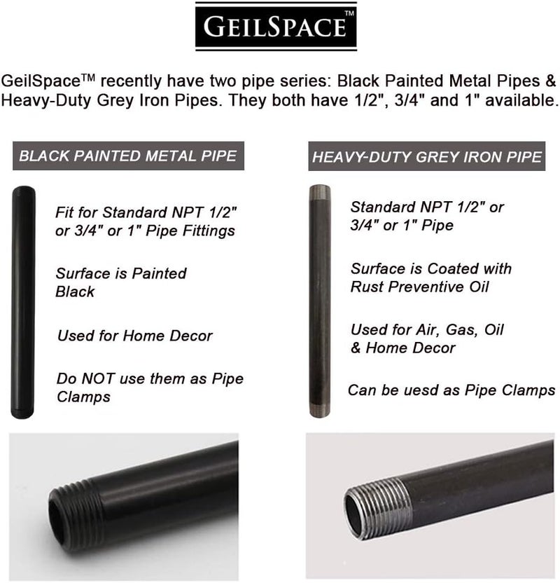 GeilSpace 6 Pack 3/4" × 12" Pre-Cut Black Metal Pipe, Industrial Steel Fits Standard Three Quarters Inch Black Threaded Pipes and Fittings - Vintage DIY Industrial Shelving (3/4" × 12") - Image 3