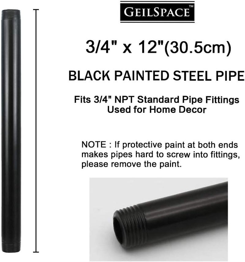 GeilSpace 6 Pack 3/4" × 12" Pre-Cut Black Metal Pipe, Industrial Steel Fits Standard Three Quarters Inch Black Threaded Pipes and Fittings - Vintage DIY Industrial Shelving (3/4" × 12") - Image 2