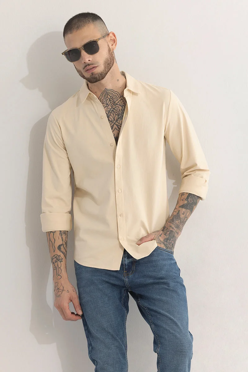 سنيتش Beige Textured Long Sleeve Slim Fit Casual Shirt
