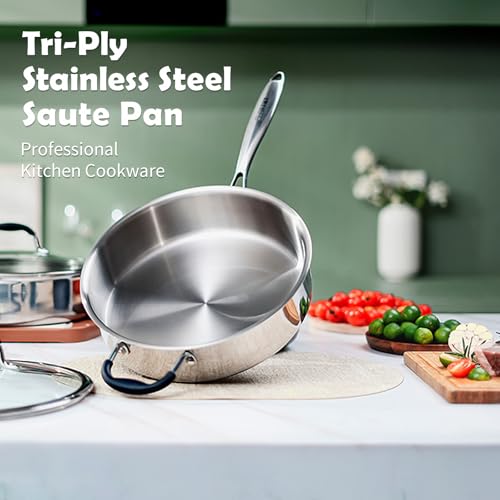 SLOTTET Tri-Ply Stainless Steel Saute Pan with Lid, 5 Quart Deep Sauté Pan with Stay Cool Handle,11.5 Inch Frying Pan,Dishwasher and Oven Safe,Induction Stainless Steel Cookware - Image 2