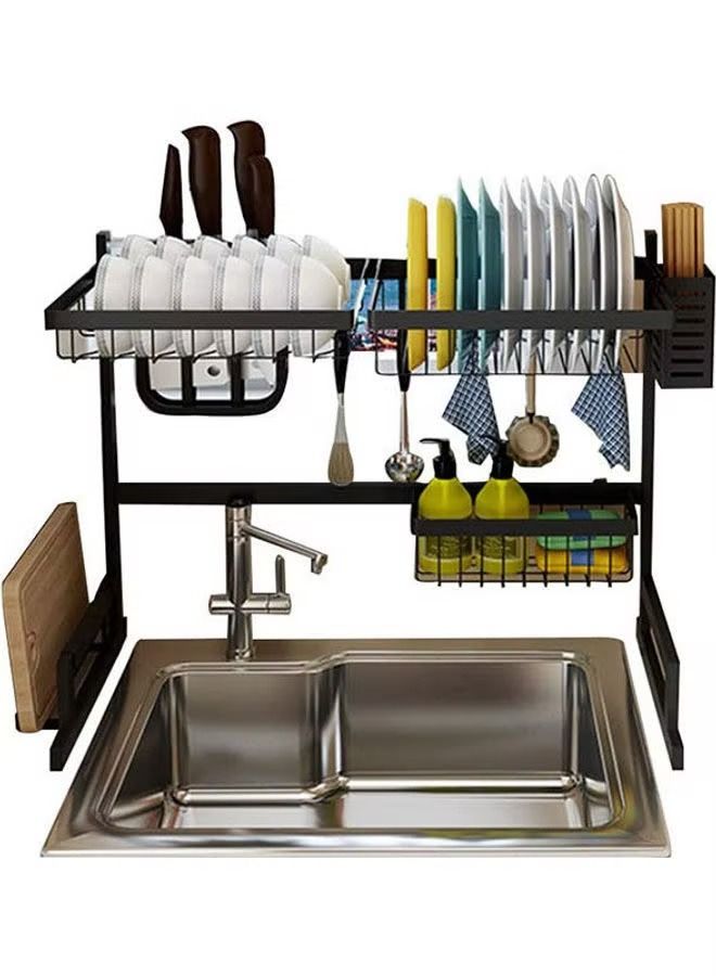 Over The Sink Stainless Steel Dish Rack Dish Drainer Drying Dryer Rack Holder With Draining Board Chopsticks Holder For Kitchenware Black