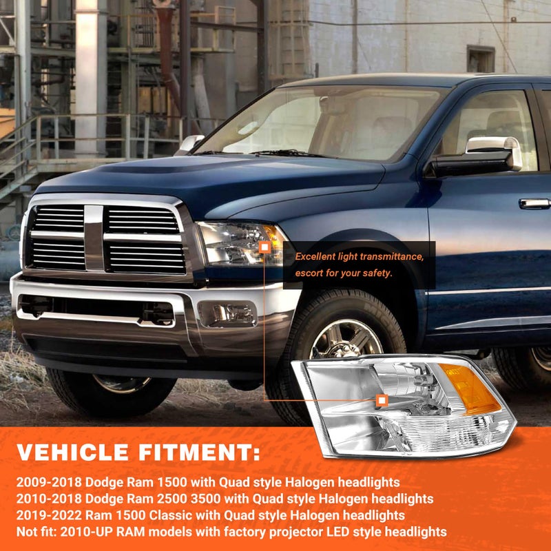 AXLAHA Headlights Assembly for 2009-2018 Dodge Ram 1500 | 2010-2018 Dodge Ram 2500/3500 Chrome Housing Amber Reflector Dual Light Style Headlamp Replacement Pair - Image 3