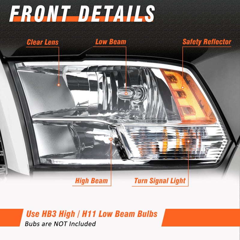 AXLAHA Headlights Assembly for 2009-2018 Dodge Ram 1500 | 2010-2018 Dodge Ram 2500/3500 Chrome Housing Amber Reflector Dual Light Style Headlamp Replacement Pair - Image 4