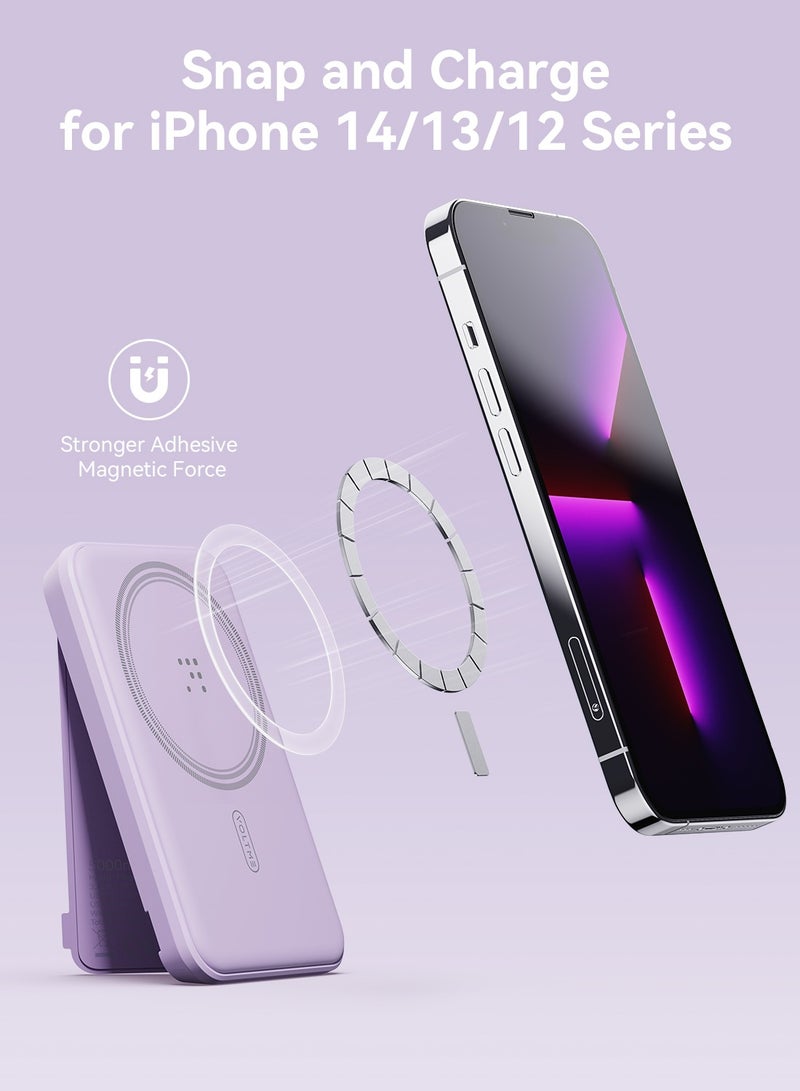 VOLTME iPhone 16 MagSafe Power Bank – 5000mAh Magnetic Wireless Charger with Foldable Kickstand, USB-C Fast Charging, Slim & Portable Battery Pack for iPhone 16 Pro Max/Pro/Plus, 15/14/13/12 Series, MagSafe-Compatible Phones, Travel-Friendly Backup Charger (Purple) - Image 2