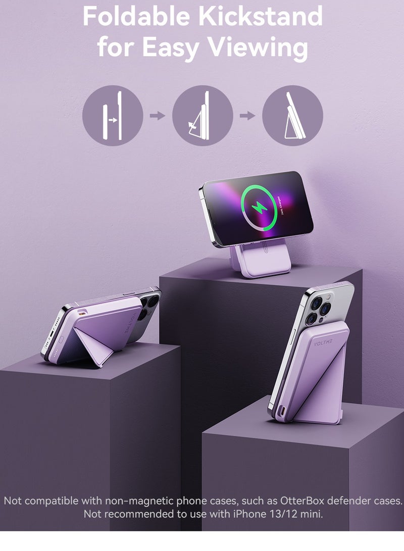 VOLTME iPhone 16 MagSafe Power Bank – 5000mAh Magnetic Wireless Charger with Foldable Kickstand, USB-C Fast Charging, Slim & Portable Battery Pack for iPhone 16 Pro Max/Pro/Plus, 15/14/13/12 Series, MagSafe-Compatible Phones, Travel-Friendly Backup Charger (Purple) - Image 3
