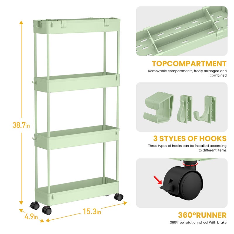 SPACELEAD Slim Storage Cart 4 Tier,Bathroom Organizer Rolling Utility,Mobile Shelving Unit Slide Out for Office, Kitchen, Laundry Room & Narrow Placesï¼ŒGreen - Image 3