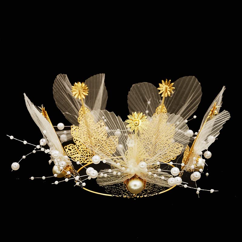 winvin Flowers Mesh Pearls Crown Cake Topper For Weddings Parties Costume Cosplay Photography Prop - Image 4