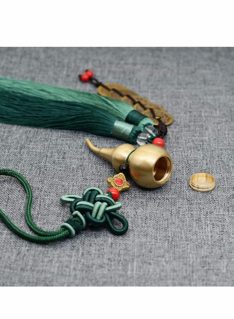 SOLARAE Chinese Knot Feng Shui Coins with Brass Calabash Hanging Decoration for Good Luck, Wealth Success and Longevity (Green) - Image 2