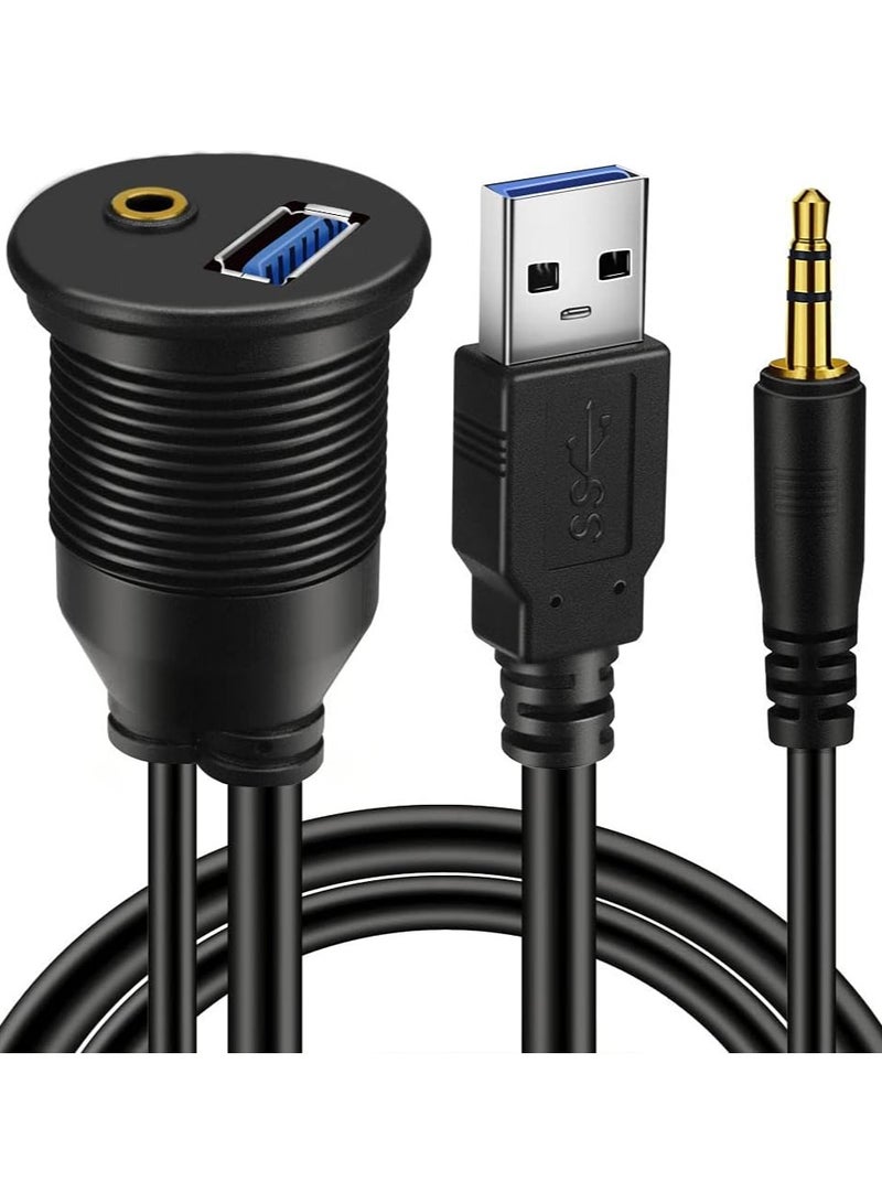 Vierex USB Flush Mount - 1M 3ft 3.5mm & USB 3.0 AUX Extension Mount, Dash Mount, Flush Mount, Panel Mount Cable, for Car, Boat, Motorcycle - Image 1