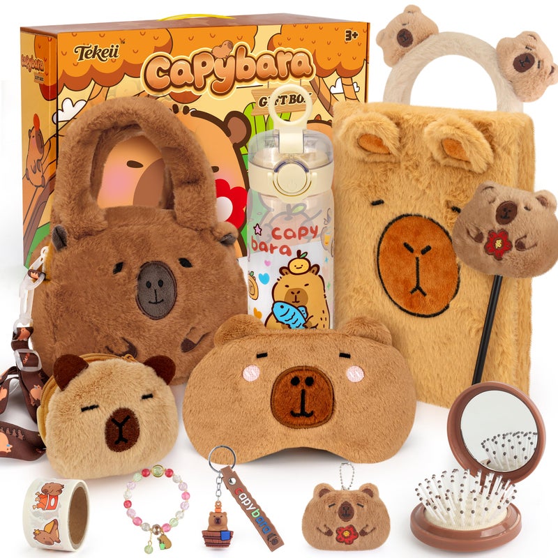 Tekeii Capybara Gifts Box, Cute Capybara Toy for Girls Kids for Back to School, Birthday, of Shoulder Bag, Coin Purch, Water Bottle, Keychain, Plush Notebook, Eye Mask, Bracelet, Pocket Comb - Image 1