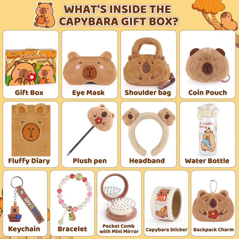 Tekeii Capybara Gifts Box, Cute Capybara Toy for Girls Kids for Back to School, Birthday, of Shoulder Bag, Coin Purch, Water Bottle, Keychain, Plush Notebook, Eye Mask, Bracelet, Pocket Comb - Image 2