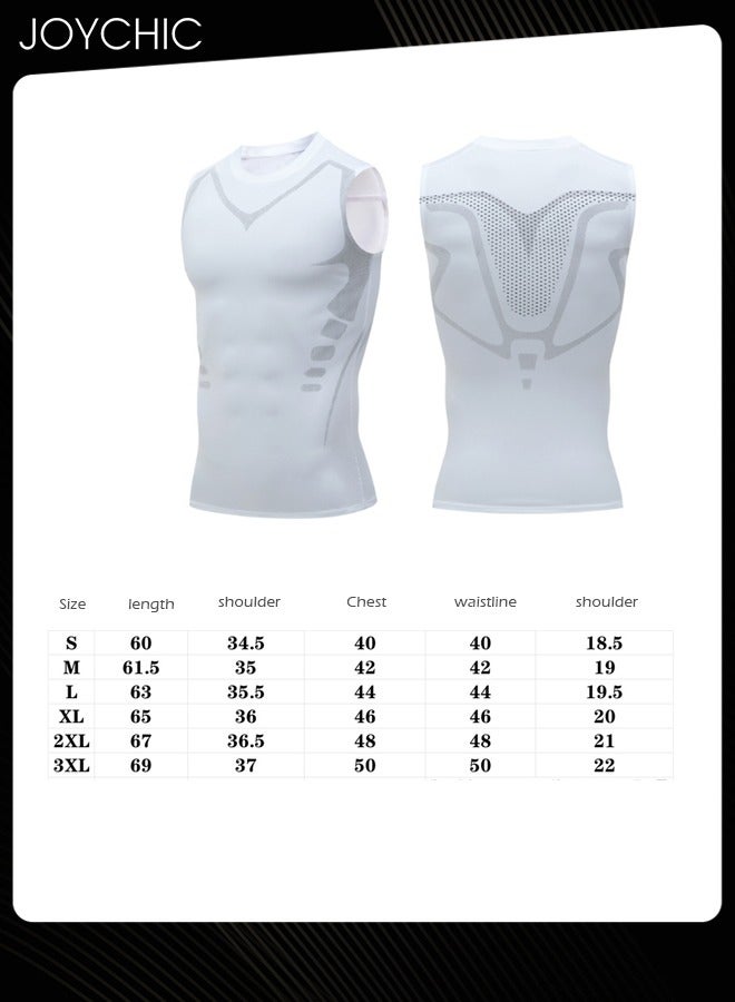 Joychic Men Sports Vest Quick-drying and Breathable High-elastic Tights Fitness Basketball Running Training Wide Shoulder T-shirt Slimming Body Shaper for All Seasons White - Image 4