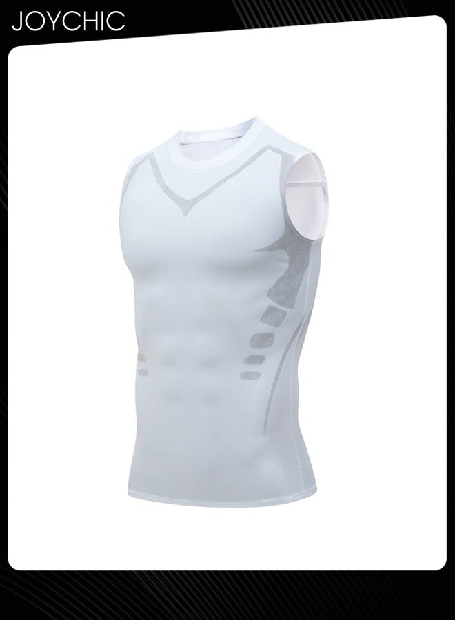 Joychic Men Sports Vest Quick-drying and Breathable High-elastic Tights Fitness Basketball Running Training Wide Shoulder T-shirt Slimming Body Shaper for All Seasons White - Image 2