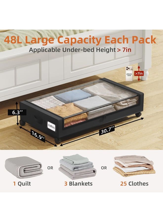 Somdot Pack of 2 Black 48L Underbed Storage Box with Lid, Underbed Storage Box with Wheels, Storage Bag for Duvets, Shoes, Clothes, Bed Box Storage with Zip - Image 2