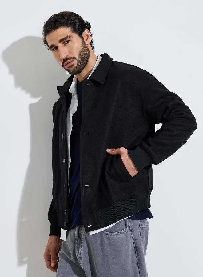 Styli Men Black Wool-Like Buttoned Jacket