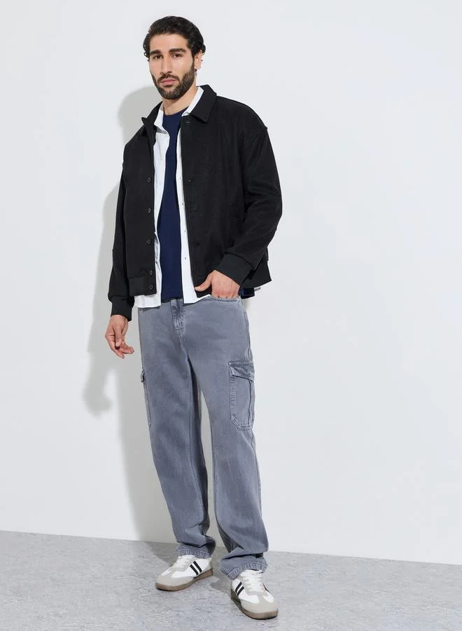 Styli Men Black Wool-Like Buttoned Jacket