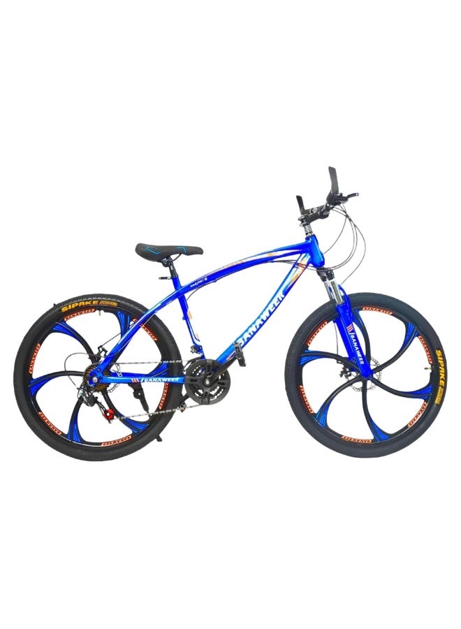 26-inch sports bike with aluminum fan rims, gear system, disc brakes, professional tires, and front suspension.