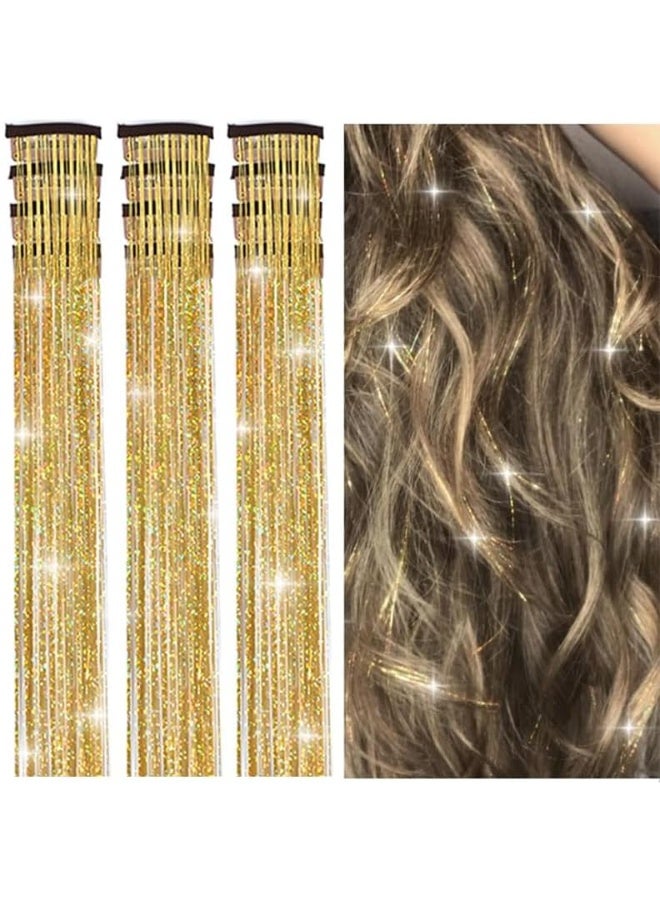 ATRJSZ Hair Tinsel Pack of 12 Pcs Hair Tinsel Clip Kit in 22 Inch Glitter hair Extensions Clip Party Festival Fairy Accessories for Girls Women Kids ﻿ (Golden) - Image 1