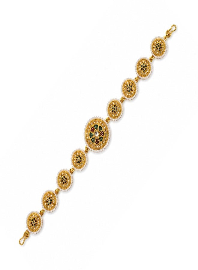 VAMA FASHIONS Traditional Gold Plated Floral Design Rajasthani Mathapatti Sheeshpatti sheeshphool White Pearl Stone Long Head Chain Matha Patti Hair Accessory for Womens (Mathapatti Rajputi) - Image 1