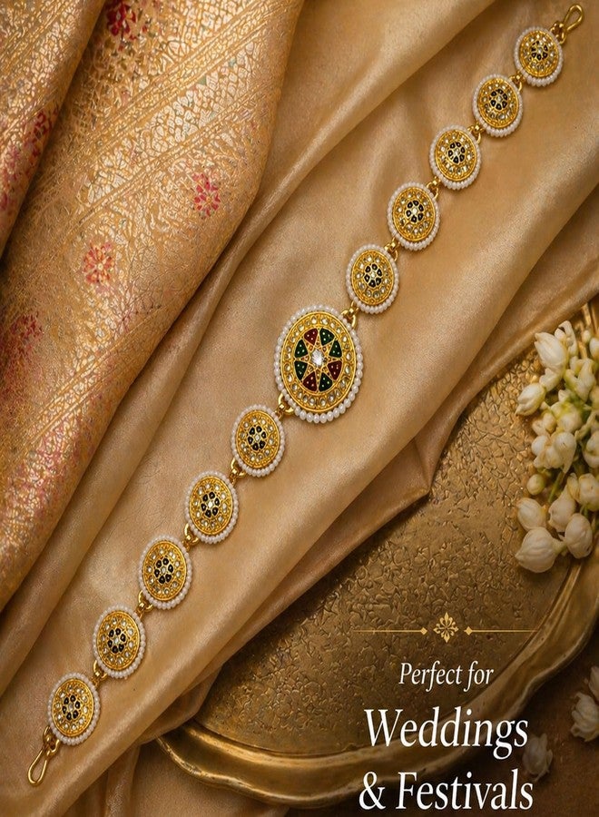 VAMA FASHIONS Traditional Gold Plated Floral Design Rajasthani Mathapatti Sheeshpatti sheeshphool White Pearl Stone Long Head Chain Matha Patti Hair Accessory for Womens (Mathapatti Rajputi) - Image 4