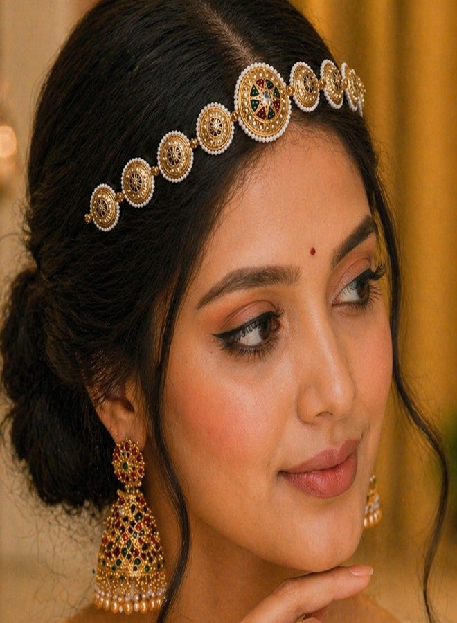 VAMA FASHIONS Traditional Gold Plated Floral Design Rajasthani Mathapatti Sheeshpatti sheeshphool White Pearl Stone Long Head Chain Matha Patti Hair Accessory for Womens (Mathapatti Rajputi) - Image 5