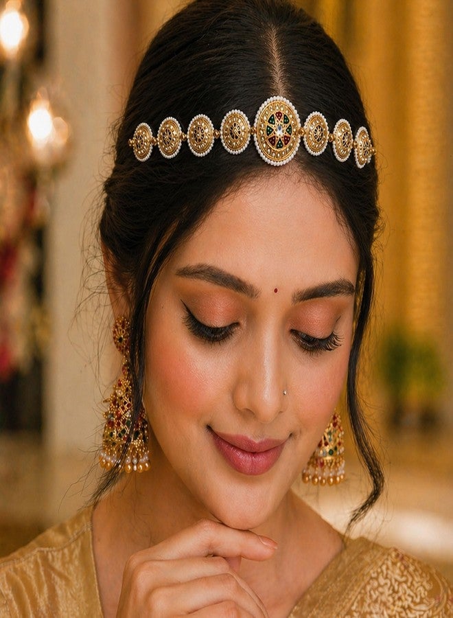 VAMA FASHIONS Traditional Gold Plated Floral Design Rajasthani Mathapatti Sheeshpatti sheeshphool White Pearl Stone Long Head Chain Matha Patti Hair Accessory for Womens (Mathapatti Rajputi) - Image 2