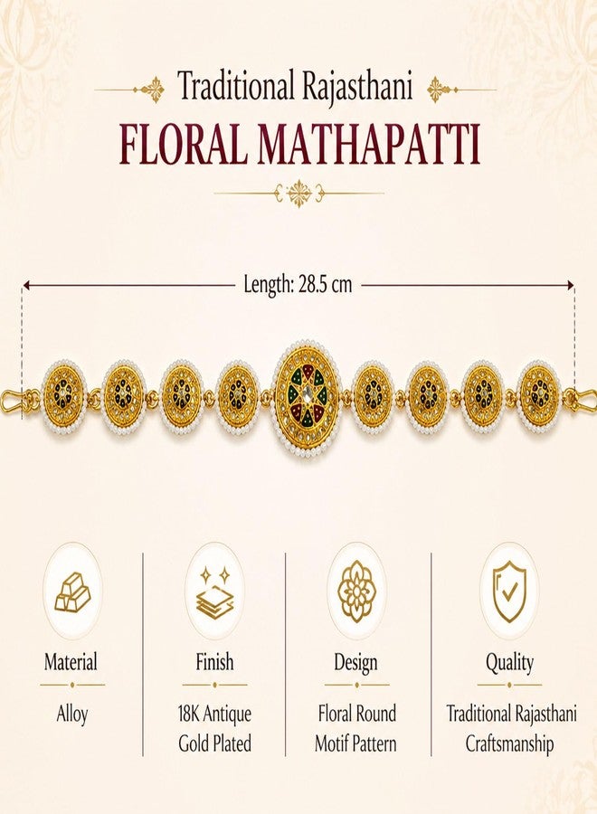 VAMA FASHIONS Traditional Gold Plated Floral Design Rajasthani Mathapatti Sheeshpatti sheeshphool White Pearl Stone Long Head Chain Matha Patti Hair Accessory for Womens (Mathapatti Rajputi) - Image 3